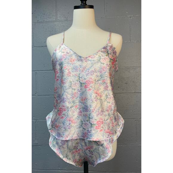 Vintage 80s Two Piece Camisole Flutter Shorts Lingerie Set Pastel Floral Satin - Picture 3 of 10